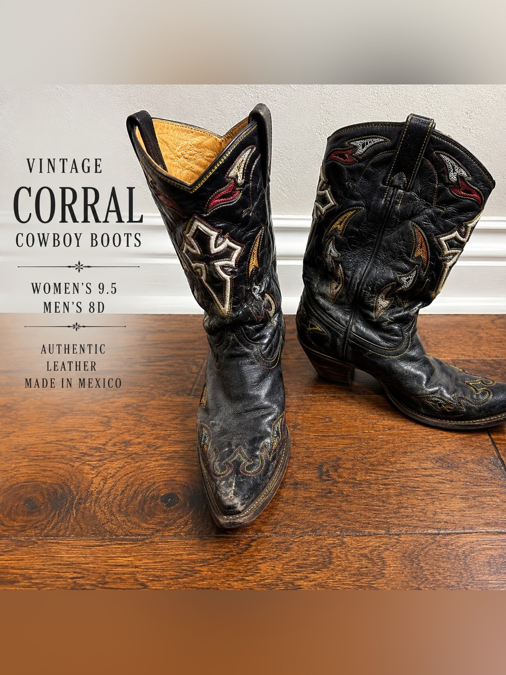 Vintage Corral Black Embroidered Cowboy Boots Women’s 9.5 Mens 8 Western Leather